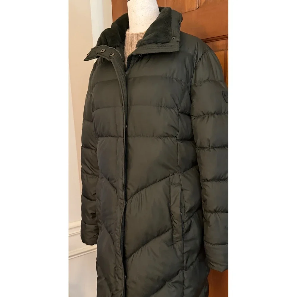 Larry Levine Faux-Fur Trimmed Parka Womens Medium Dark Green Insulated Coat‎
